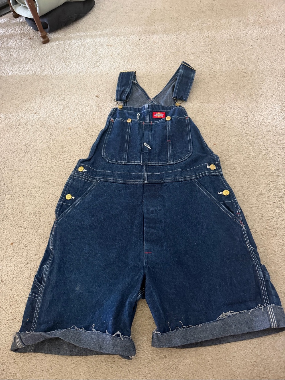Dickies Navy Blue Denim Short Overalls with Red Logo Detail